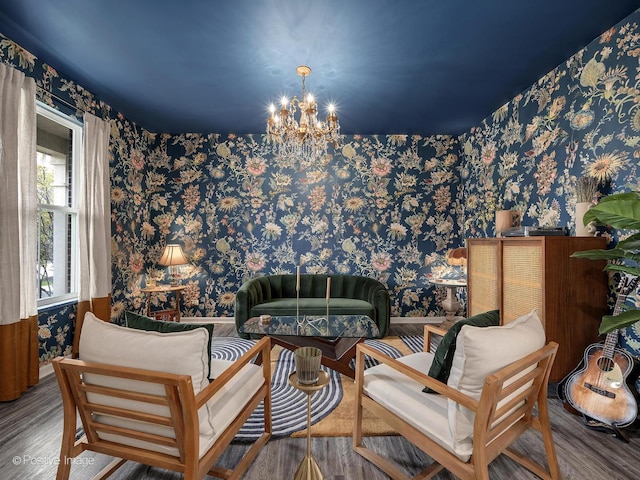 257 Kennedy Dr, Saint Charles, IL 60175 - sitting room featuring wallpapered walls, a chandelier, and wood finished floors