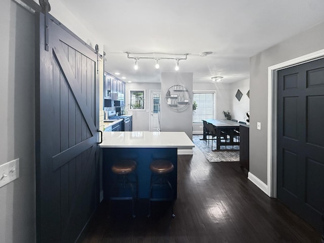 2514 W Washington Blvd, Chicago, IL 60612 - kitchen with a barn door, a peninsula, dark wood-style floors, gas range, and light countertops