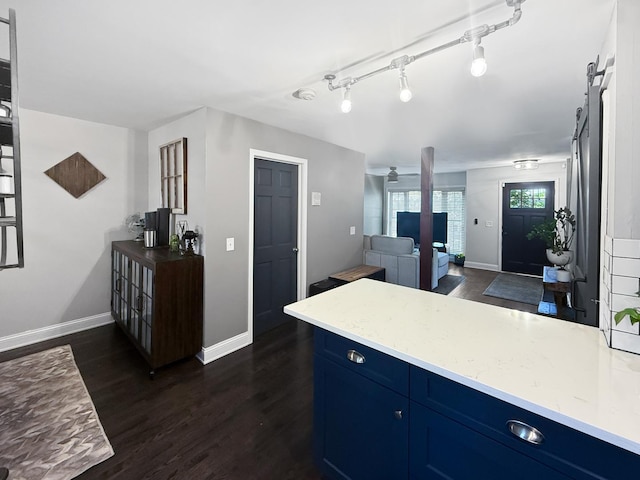 2514 W Washington Blvd, Chicago, IL 60612 - kitchen with blue cabinetry, dark wood-type flooring, light countertops, open floor plan, and a barn door