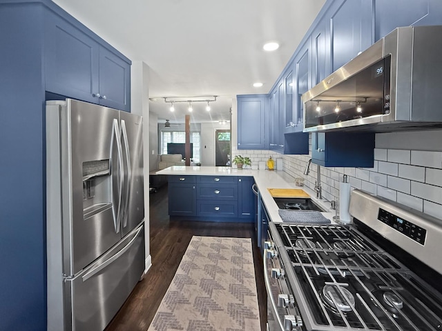 2514 W Washington Blvd, Chicago, IL 60612 - kitchen with appliances with stainless steel finishes, blue cabinetry, dark wood-style flooring, light countertops, and tasteful backsplash