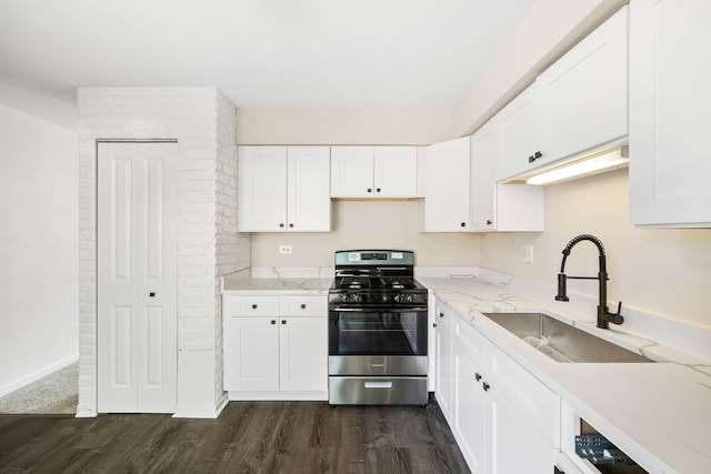 3075 Kingston Ct, Streamwood, IL 60107 - kitchen featuring stainless steel gas stove, dark wood finished floors, white cabinets, and light stone counters