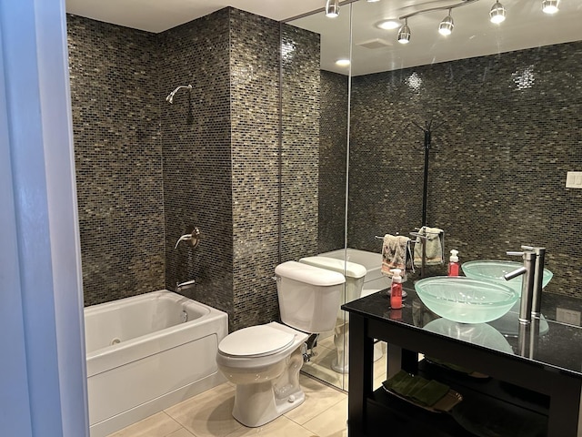 9842 S 88th Ave, Palos Hills, IL 60465 - full bathroom with tile patterned flooring, tub / shower combination, tile walls, and double vanity