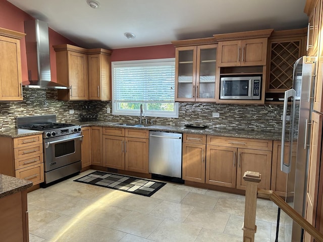9842 S 88th Ave, Palos Hills, IL 60465 - kitchen with stainless steel appliances, wall chimney range hood, decorative backsplash, brown cabinetry, and dark stone counters