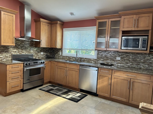 9842 S 88th Ave, Palos Hills, IL 60465 - kitchen featuring stainless steel appliances, wall chimney range hood, backsplash, dark stone countertops, and glass insert cabinets