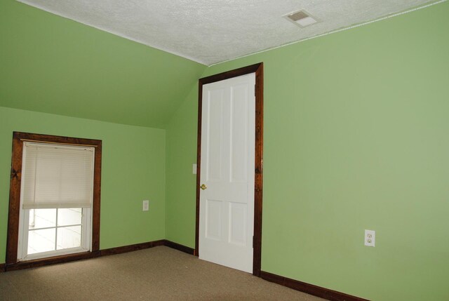 2840 W Ziebarth Rd, Normal, IL 61761 - unfurnished bedroom featuring carpet flooring, a textured ceiling, and vaulted ceiling