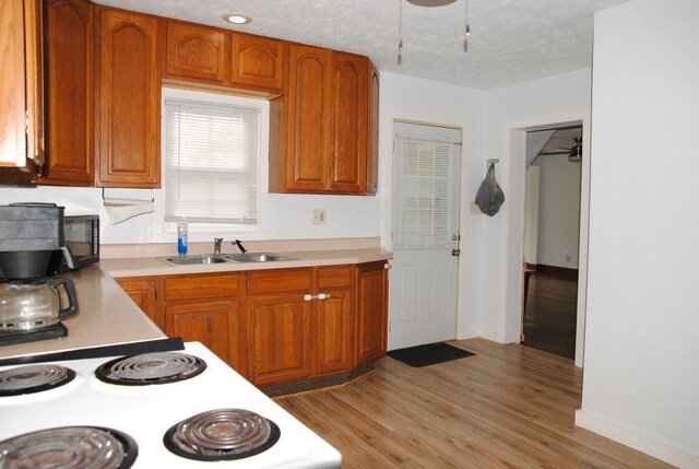 2840 W Ziebarth Rd, Normal, IL 61761 - kitchen with light wood-style flooring, brown cabinets, light countertops, white electric stove, and a textured ceiling