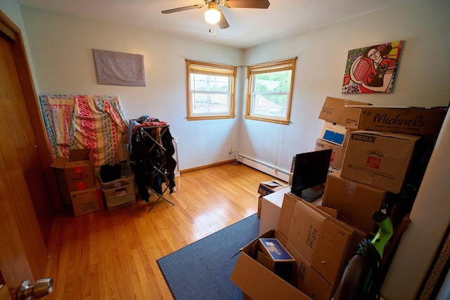 4444 N Central Ave Unit 2W, Chicago, IL 60630 - home office featuring a baseboard heating unit, a ceiling fan, and wood finished floors
