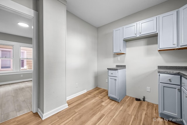 2213 Elm St, Rockford, IL 61102 - kitchen featuring light wood-style flooring, dark countertops, and gray cabinets
