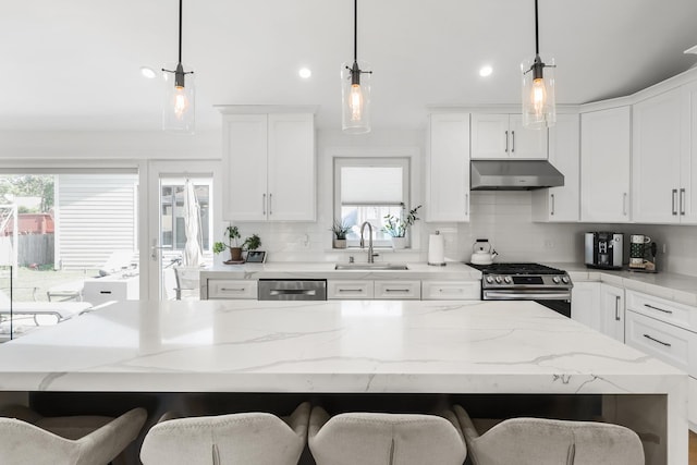 4944 Jarvis Ave, Skokie, IL 60077 - kitchen with under cabinet range hood, appliances with stainless steel finishes, tasteful backsplash, a breakfast bar, and recessed lighting