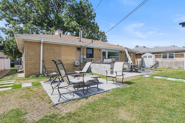 4944 Jarvis Ave, Skokie, IL 60077 - back of house featuring brick siding, a storage unit, a patio area, and a chimney