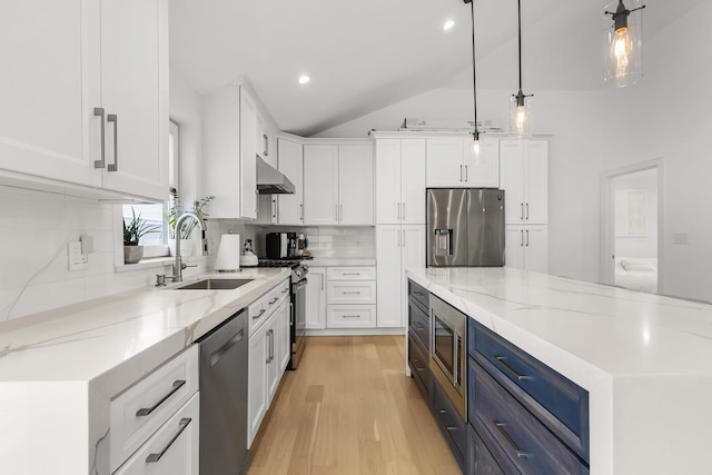 4944 Jarvis Ave, Skokie, IL 60077 - kitchen with appliances with stainless steel finishes, white cabinetry, under cabinet range hood, lofted ceiling, and light wood-type flooring