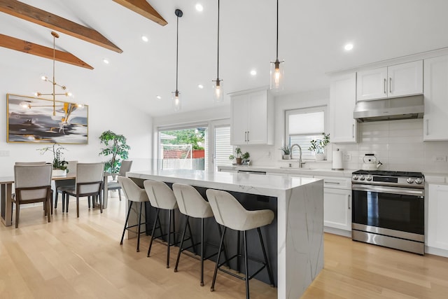 4944 Jarvis Ave, Skokie, IL 60077 - kitchen featuring stainless steel gas range, under cabinet range hood, a center island, recessed lighting, and light wood-style flooring