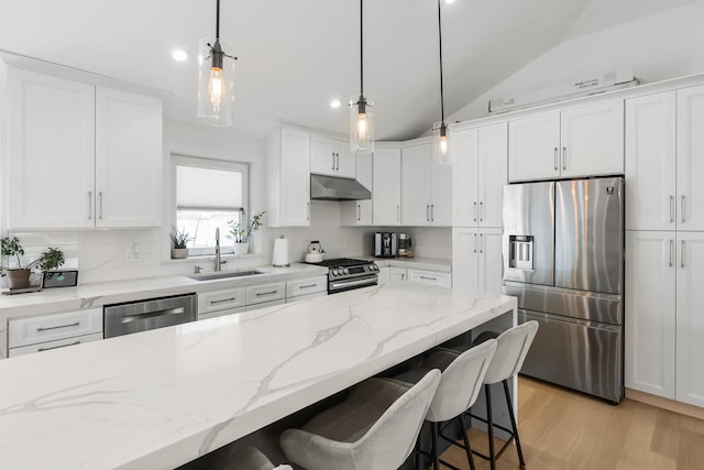 4944 Jarvis Ave, Skokie, IL 60077 - kitchen with appliances with stainless steel finishes, under cabinet range hood, a breakfast bar, white cabinetry, and lofted ceiling