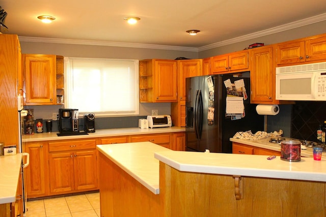 7926 S 83rd Ct, Justice, IL 60458 - kitchen featuring white microwave, refrigerator with ice dispenser, open shelves, ornamental molding, and light countertops