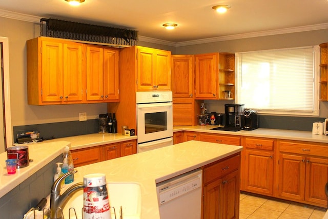 7926 S 83rd Ct, Justice, IL 60458 - kitchen featuring white appliances, open shelves, light countertops, crown molding, and light tile patterned floors