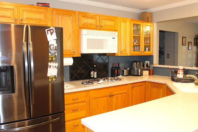 7926 S 83rd Ct, Justice, IL 60458 - kitchen with white appliances, light countertops, tasteful backsplash, glass insert cabinets, and ornamental molding