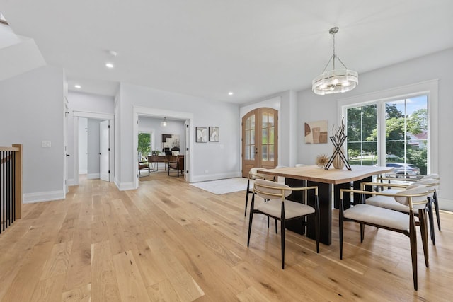 1100 Washington St, Glenview, IL 60025 - dining area with a chandelier, light wood-style floors, french doors, and recessed lighting