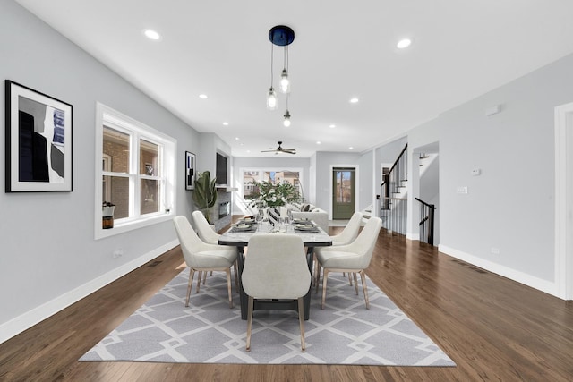 2613 Kenilworth Ave, Berwyn, IL 60402 - dining room featuring stairway, wood finished floors, recessed lighting, and a ceiling fan