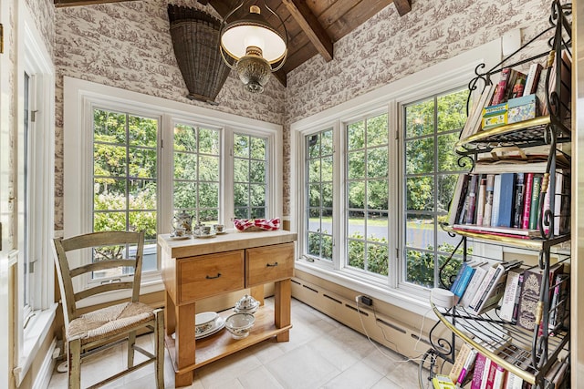 1755 Sunset Ln, Bannockburn, IL 60015 - sunroom with wallpapered walls, tile patterned floors, french doors, and baseboard heating