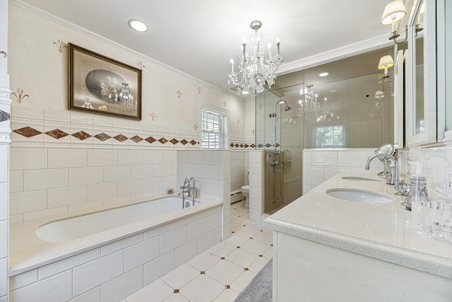 1755 Sunset Ln, Bannockburn, IL 60015 - full bath with tile walls, a chandelier, a garden tub, double vanity, and a stall shower