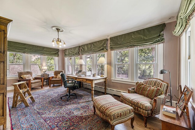 1755 Sunset Ln, Bannockburn, IL 60015 - office featuring plenty of natural light, a chandelier, wood finished floors, and baseboard heating
