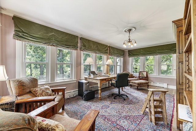 1755 Sunset Ln, Bannockburn, IL 60015 - office area with a baseboard heating unit, a chandelier, and a baseboard radiator