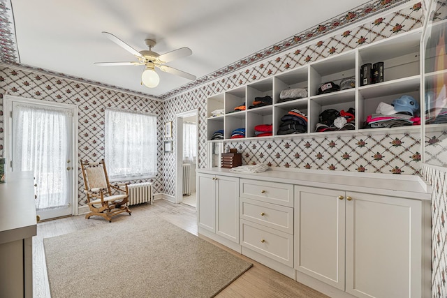1755 Sunset Ln, Bannockburn, IL 60015 - spacious closet featuring radiator heating unit, a ceiling fan, and light wood-type flooring