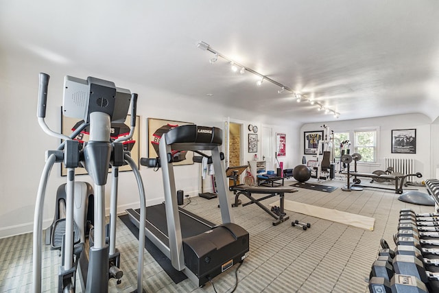 1755 Sunset Ln, Bannockburn, IL 60015 - exercise room featuring carpet flooring and track lighting