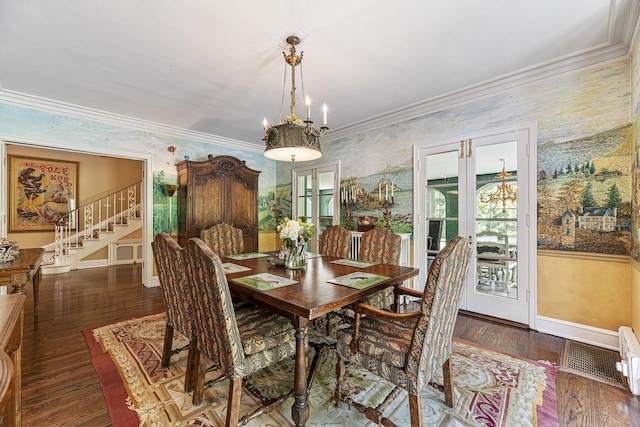 1755 Sunset Ln, Bannockburn, IL 60015 - dining area with wallpapered walls, stairs, wood finished floors, and ornamental molding