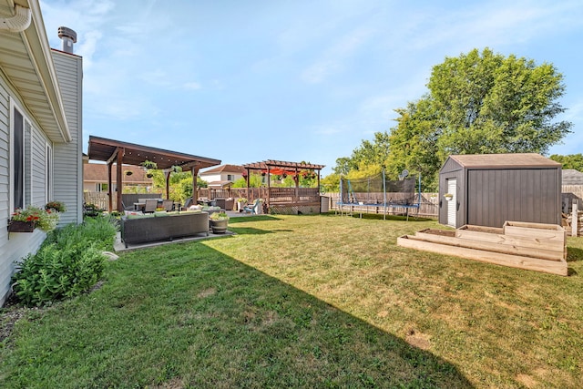 2570 Cobblestone Ct, Morris, IL 60450 - fenced backyard with outdoor lounge area, a pergola, a storage unit, and a trampoline