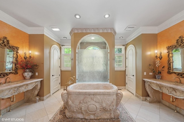 1031 Barrys Ct, Lake Forest, IL 60045 - full bath featuring a freestanding bath, tile patterned floors, plenty of natural light, crown molding, and walk in shower