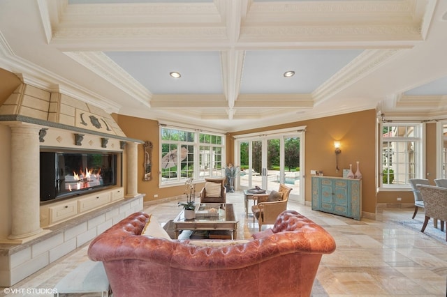 1031 Barrys Ct, Lake Forest, IL 60045 - living area featuring coffered ceiling, healthy amount of natural light, ornamental molding, beamed ceiling, and a tiled fireplace