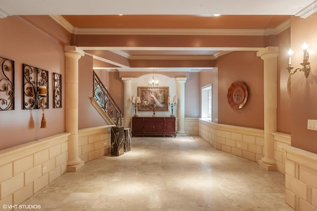 1031 Barrys Ct, Lake Forest, IL 60045 - corridor featuring decorative columns, wainscoting, ornamental molding, and a chandelier