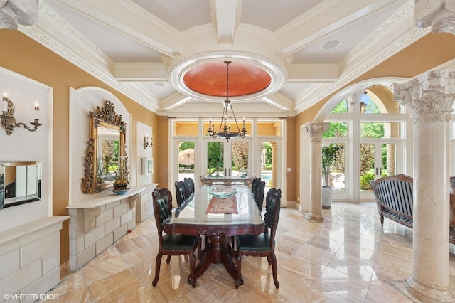 1031 Barrys Ct, Lake Forest, IL 60045 - dining room featuring decorative columns, coffered ceiling, crown molding, a chandelier, and beamed ceiling