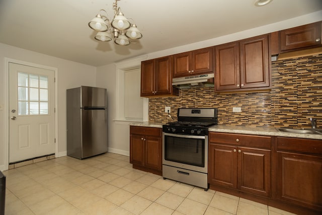2745 S Sawyer Ave, Chicago, IL 60623 - kitchen featuring stainless steel appliances, under cabinet range hood, a chandelier, and tasteful backsplash