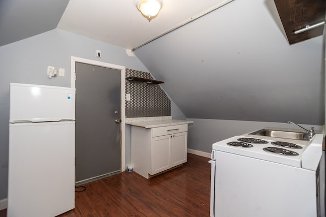 2745 S Sawyer Ave, Chicago, IL 60623 - kitchen with white appliances, lofted ceiling, dark wood finished floors, white cabinetry, and open shelves