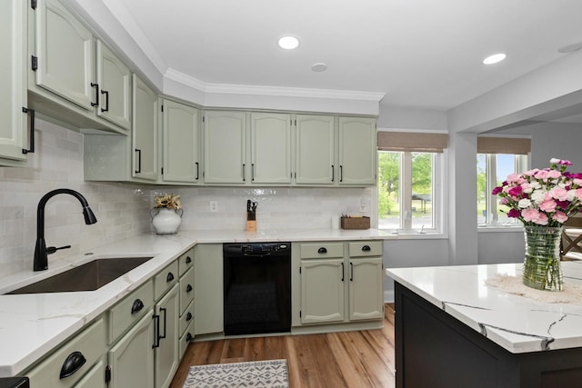7288 174th Pl, Tinley Park, IL 60477 - kitchen with dishwasher, light wood-style floors, light stone counters, decorative backsplash, and recessed lighting
