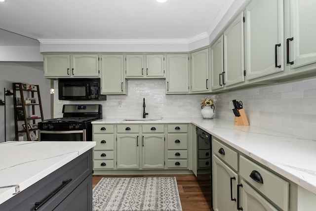 7288 174th Pl, Tinley Park, IL 60477 - kitchen with black appliances, green cabinets, dark wood finished floors, crown molding, and tasteful backsplash