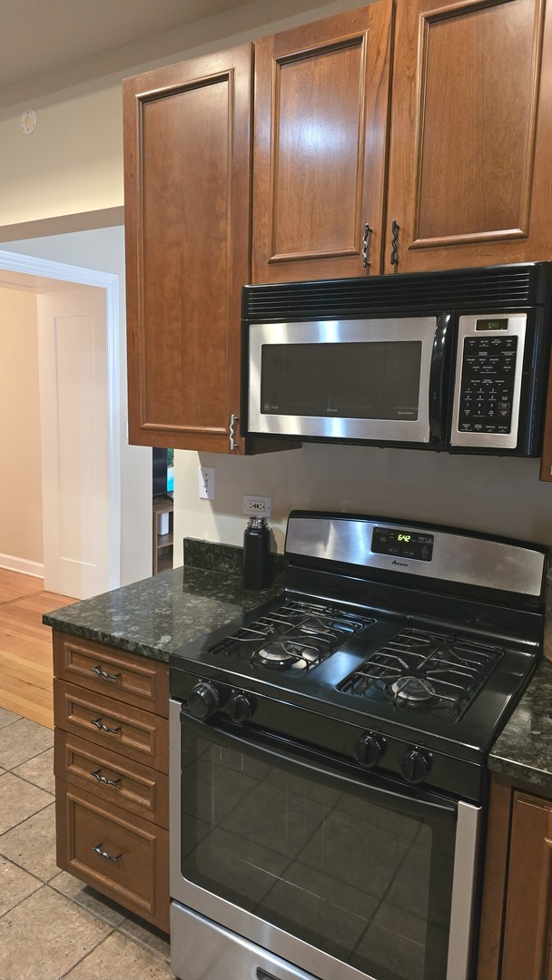 3733 S Lake Park Ave, Chicago, IL 60653 - kitchen with stainless steel appliances, dark stone countertops, and brown cabinets
