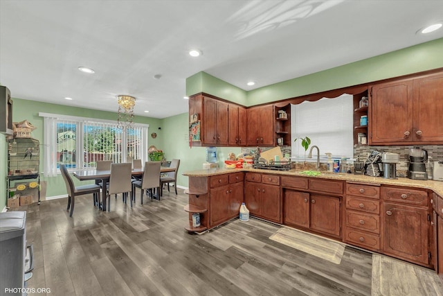 2606 Ridge Rd, Lansing, IL 60438 - kitchen with open shelves, wood finished floors, tasteful backsplash, recessed lighting, and brown cabinets