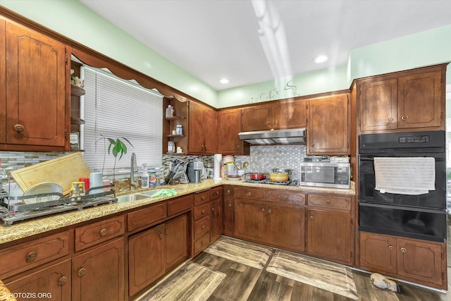2606 Ridge Rd, Lansing, IL 60438 - kitchen with open shelves, oven, a warming drawer, tasteful backsplash, and recessed lighting