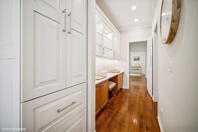 823 Balmoral Ln, Northbrook, IL 60062 - hall with ornamental molding, dark wood-type flooring, an office area, and recessed lighting