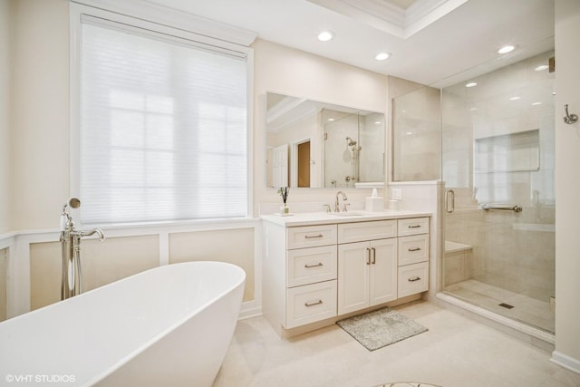 823 Balmoral Ln, Northbrook, IL 60062 - full bathroom featuring a freestanding tub, a shower stall, vanity, recessed lighting, and ornamental molding