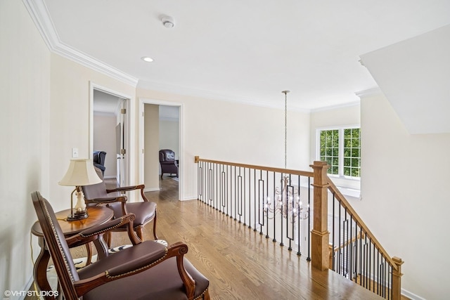 823 Balmoral Ln, Northbrook, IL 60062 - corridor featuring wood finished floors, crown molding, recessed lighting, and an upstairs landing