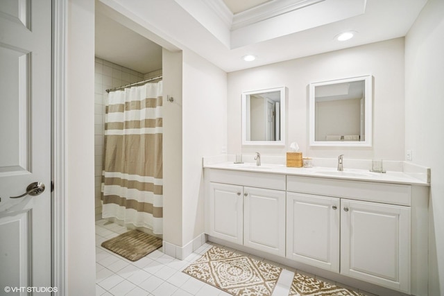 823 Balmoral Ln, Northbrook, IL 60062 - full bathroom with double vanity, recessed lighting, tile patterned flooring, curtained shower, and ornamental molding