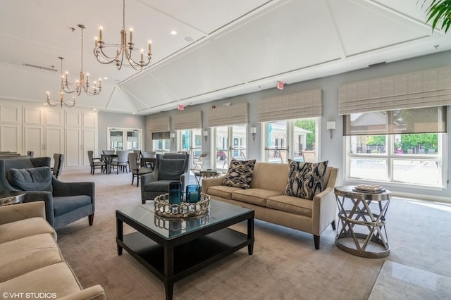 823 Balmoral Ln, Northbrook, IL 60062 - living room with a chandelier, light colored carpet, high vaulted ceiling, and recessed lighting
