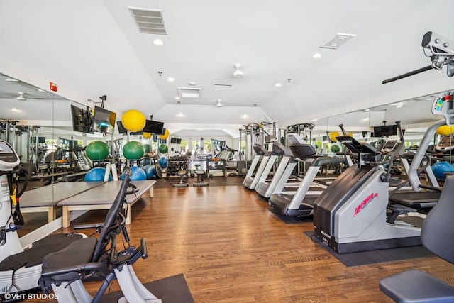 823 Balmoral Ln, Northbrook, IL 60062 - exercise room featuring lofted ceiling, wood finished floors, and recessed lighting