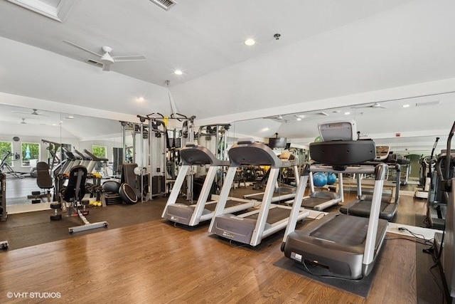 823 Balmoral Ln, Northbrook, IL 60062 - gym featuring ceiling fan, vaulted ceiling, wood finished floors, and recessed lighting