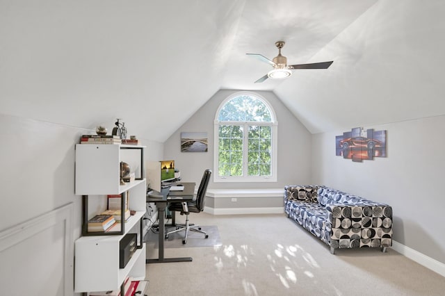 1123 Chadwick Ct, Aurora, IL 60502 - home office with vaulted ceiling, a ceiling fan, and carpet flooring