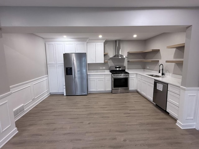 4819 W 109th St Unit 204, Oak Lawn, IL 60453 - kitchen featuring stainless steel appliances, wall chimney range hood, open shelves, white cabinetry, and light countertops